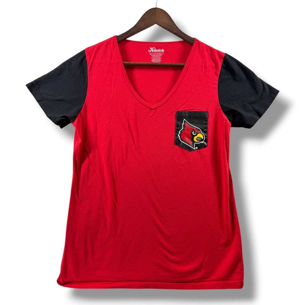 Klutch Louisville Cardinals V-Neck Pocket T-Shirt Red Black Women Large